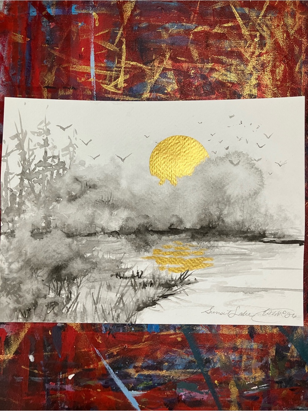 ORIGINAL sunset lake landscape painting tree art sumi-e gold accent artwork USA